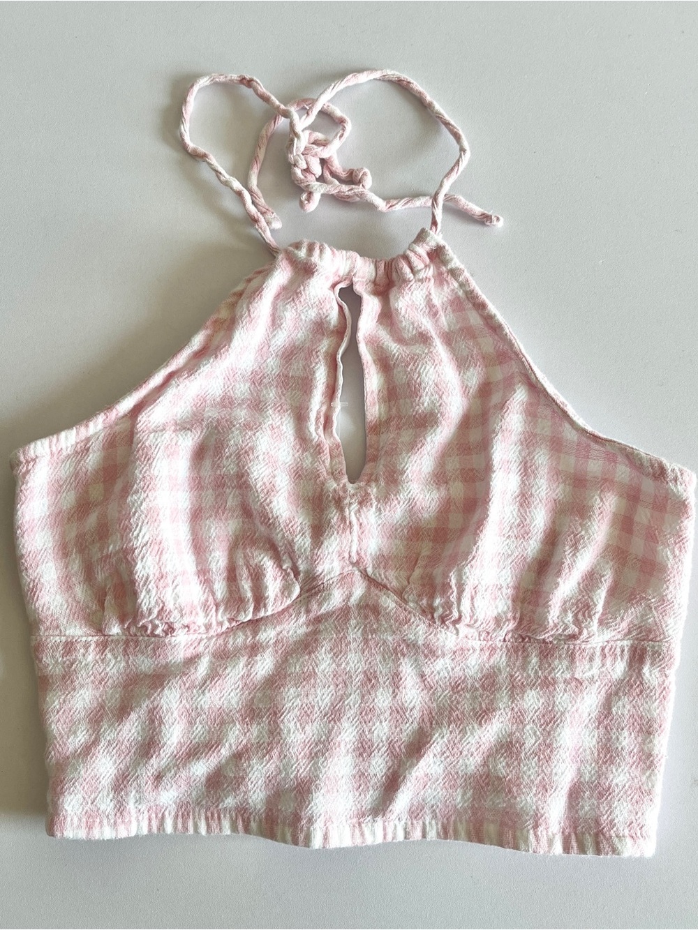 Hollister halter top pink gingham XS tie neck festival crop elastic back festiva